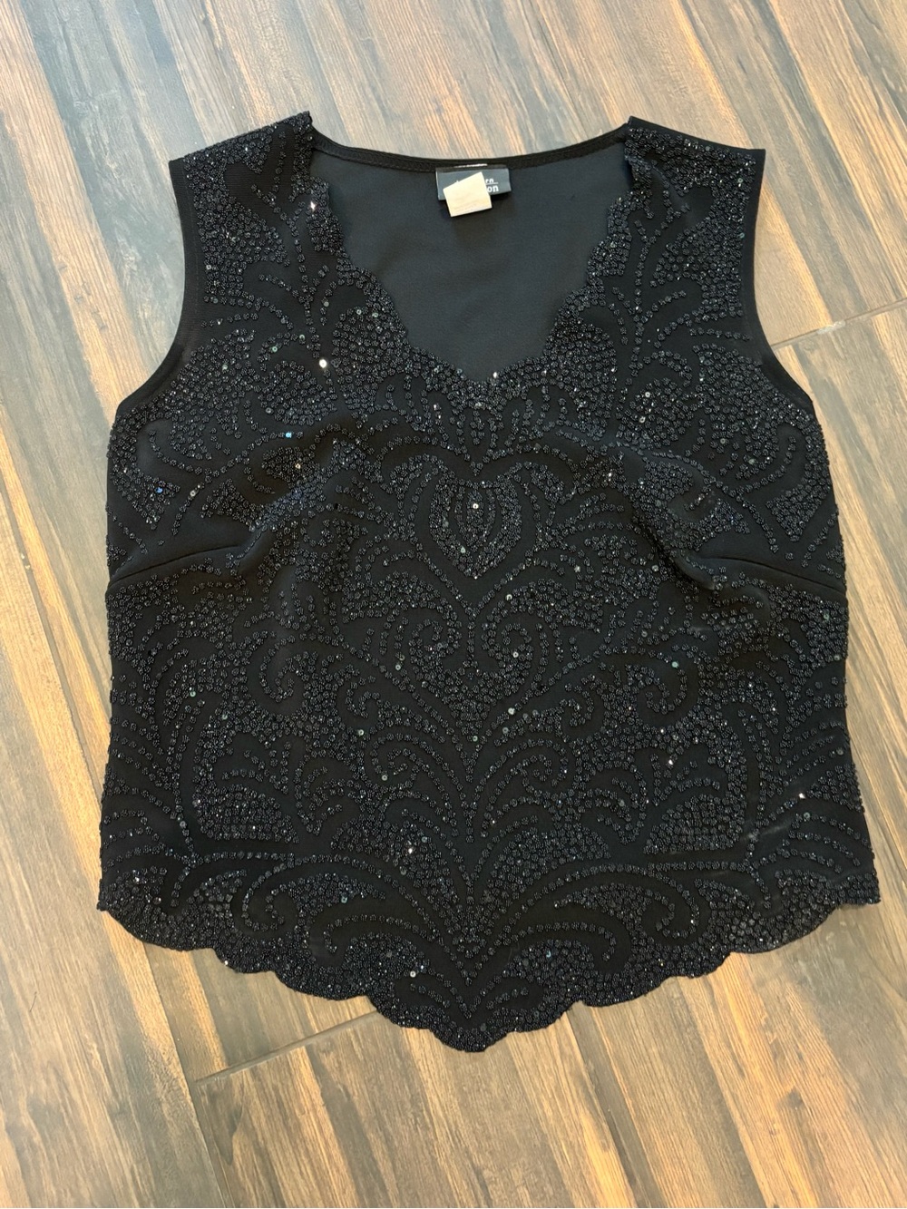 Dressbarn Collection Black Sequin Top with Scalloped Hem (M)